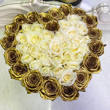 51 белая роза с золотой окантовкой