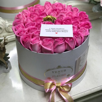 51 розовая роза с золотой в коробке