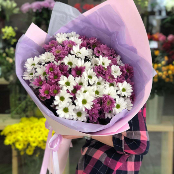 19 бело-фиолетовых хризантем в букете 19 бело-фиолетовых хризантем в букете