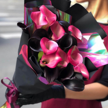 19 черно-розовых калл в букете