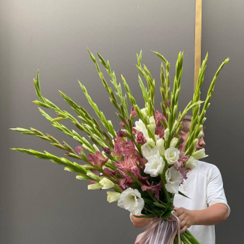 15 бело-розовых гладиолусов в букете