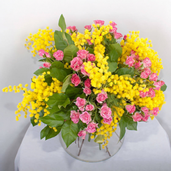 Кустовые розы с мимозой - 19 шт.