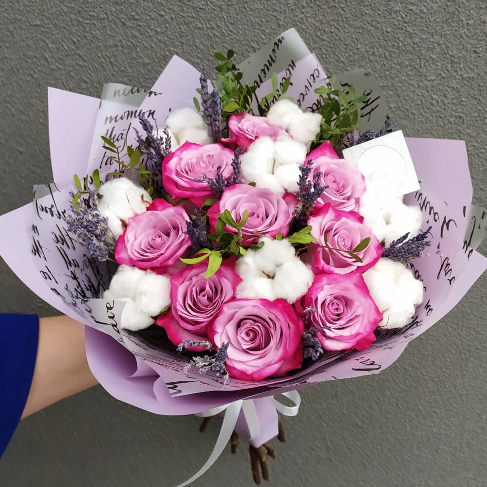 Хлопок с фиолетовыми розами - 29 шт.