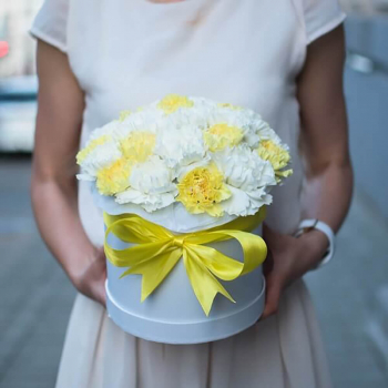 Бело-желтый микс из 25 гвоздик в коробке Бело-желтый микс из 25 гвоздик в коробке