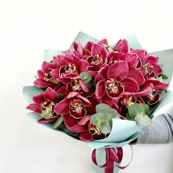 13 красных орхидей с эвкалиптом в букете 13 красных орхидей с эвкалиптом в букете