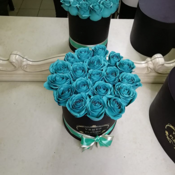 Бирюзовые розы в коробке - 19 шт.