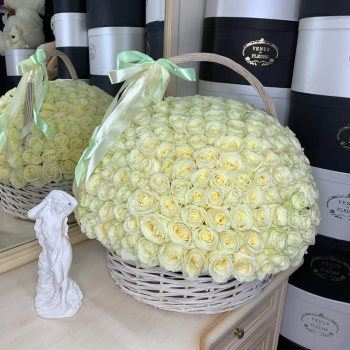 301 белая роза в корзине