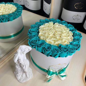 Белые розы с бирюзовой окантовкой - 51 шт.