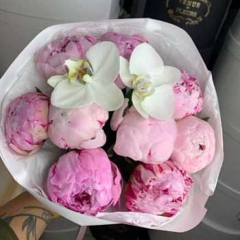 9 розовых пионов с орхидеей в букете 9 розовых пионов с орхидеей в букете