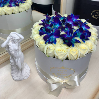 51 белая роза с орхидеями в коробке 51 белая роза с орхидеями в коробке